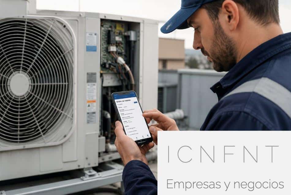 Técnico usando una app de servicio técnico para completar un parte digital