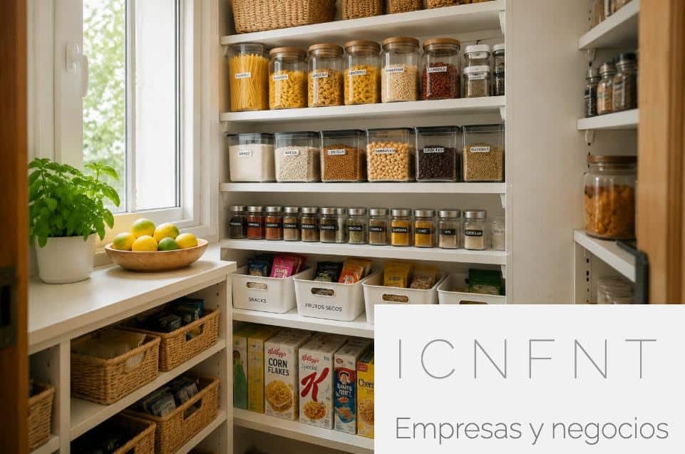 Despensa pequeña bien organizada con tarros, cajas y alimentos alineados, luz natural y ambiente limpio y acogedor