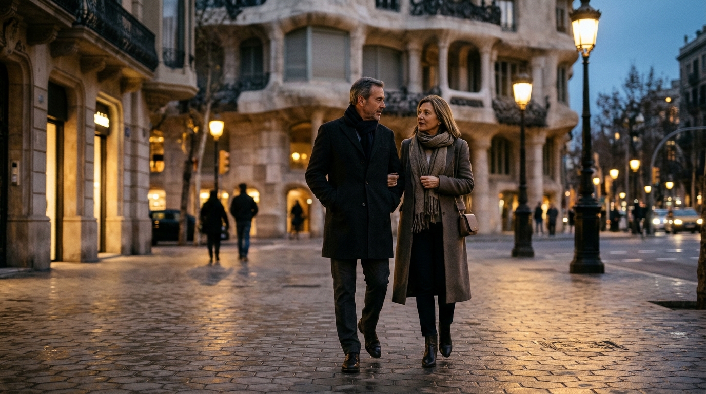 Pareja adulta disfrutando de una cita discreta en Barcelona